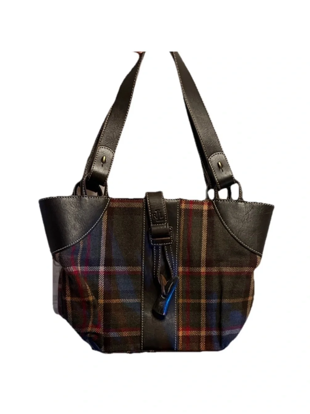 VTG Y2K Lauren Ralph Plaid Hobo with Dark Brown Leather Trim Equestrian Preppy